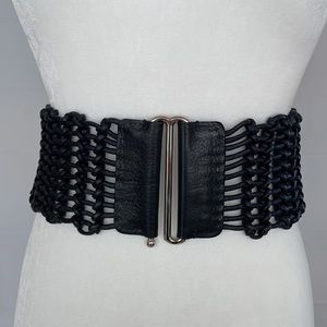 Etro navy braided coated rope belt w leather tabs and silver hook.